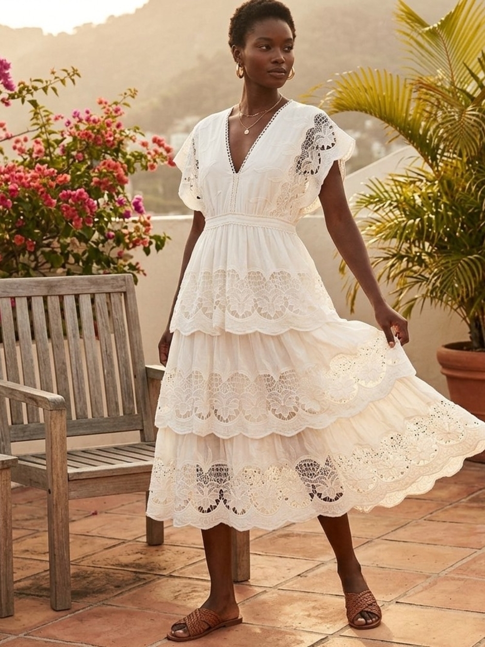 FARM Rio Cream Tiered Lace Midi Dress - Picture 6 of 6